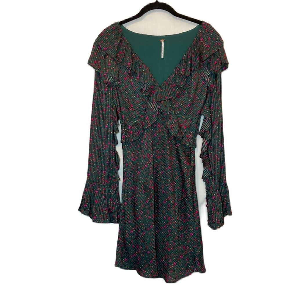 Free People Sweetest Thing Ruffle Satin Green Pink Floral Mini Dress Size 4